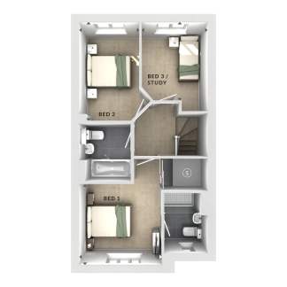 A bird's-eye view of a house's upper floor reveals three bedrooms, a bathroom, and a staircase in the foreground, with the exterior walls and windows forming the background.