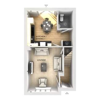 A floor plan displays a lounge area with sofas and a coffee table in the foreground, leading to a kitchen/dining area and a bathroom in the background.