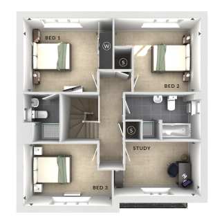 The image depicts a detailed floor plan of a three-bedroom apartment, showcasing the layout and arrangement of the various rooms, including the bedrooms, study, and bathroom.