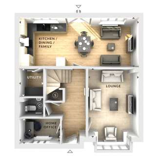 A floor plan layout of a two-story residential building, showcasing the various rooms and spaces, including a kitchen, dining/family area, utility room, lounge, and home office.