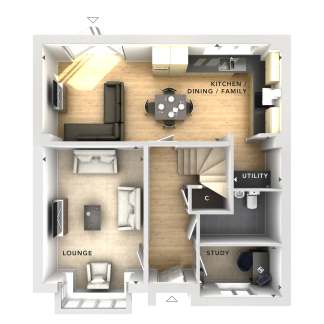 A modern floor plan displays a lounge with sofas and chairs in the foreground, leading to a kitchen, dining, family area, utility room, and study in the background.