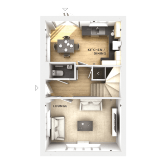 The image appears to be a floor plan or layout of a small residential space, featuring a kitchen/dining area, a lounge, and a staircase leading to an upper level. The layout is presented in a minimalist, schematic style, with furniture and fixtures indicated in a simplified manner.