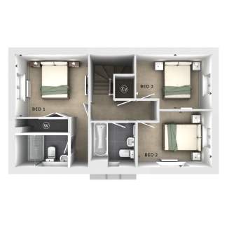 A three-dimensional floor plan of a residential property, showcasing the layout of the interior spaces, including three bedrooms, a bathroom, and other functional areas.
