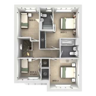 A bird's-eye view of a house's upper floor shows four bedrooms, a bathroom, and a staircase in the foreground, with the exterior walls and windows forming the background.