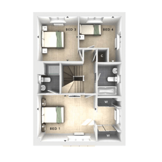 The image appears to be a floor plan or layout of a multi-bedroom residential property, with four bedrooms labeled as Bed 1, Bed 3, and Bed 4, along with various other labeled rooms and spaces.