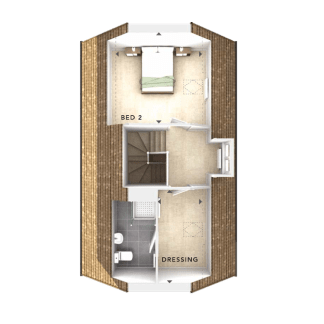 The image appears to be a floor plan or layout of a small residential space, featuring a bedroom, a dressing area, and a bathroom.