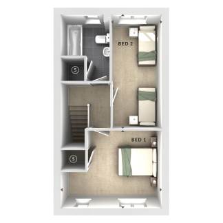 The image shows a floor plan or layout of a two-bedroom apartment or living space, with the rooms and their respective features clearly labeled.
