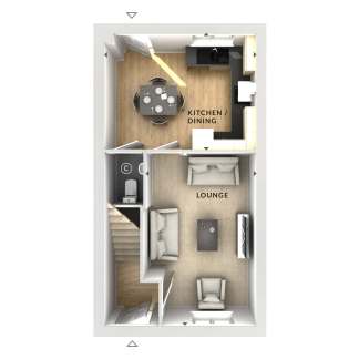 The image shows a floor plan or layout of a small apartment or studio, with a kitchen/dining area, a lounge, and a staircase visible.