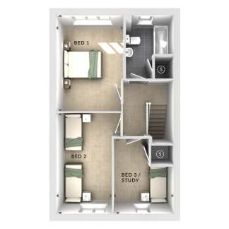The image appears to be a floor plan or layout of a residential space, featuring three bedrooms, a study area, and various other rooms and amenities.