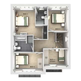 A bird's-eye view of a house's upper floor plan shows four bedrooms, two bathrooms, and a staircase in the background, with furniture and fixtures clearly laid out in the foreground.