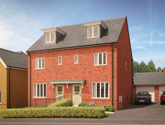A modern red brick semi-detached house with manicured hedges in the foreground sits against a backdrop of a clear blue sky with scattered clouds and neighboring houses.