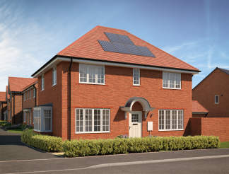A modern brick house with solar panels on its roof sits behind a neatly trimmed hedge, with other houses visible in the background under a clear blue sky.