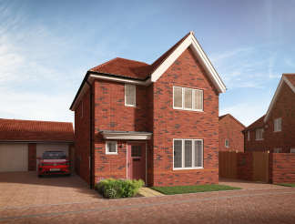A red brick house with a red car in the driveway sits under a clear blue sky.
