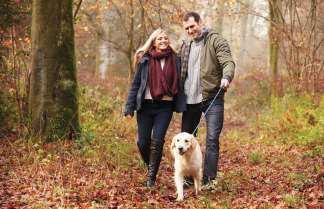 A smiling couple walks their golden retriever on a leash along a leaf-strewn path in a misty autumn forest.