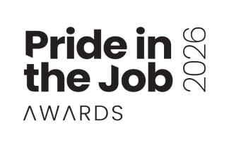 Bold black text on a white background reads "Pride in the Job AWARDS" in the foreground, with "2026" vertically aligned to the right in the background.