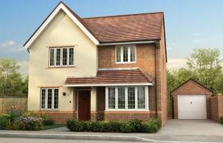A two-story detached house with a gable roof, brick and stucco exterior, and a garage attached to the side, set against a backdrop of trees and a clear blue sky.