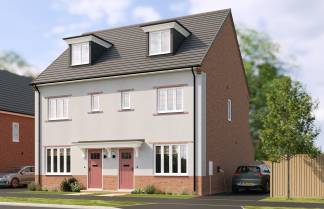 A modern semi-detached house with pink doors and dormer windows stands in the foreground, while a fence and trees are visible in the background.