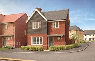 A two-story brick and wood-paneled house with a red roof sits on a residential street, surrounded by other similar homes and greenery in the foreground.