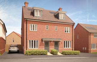 A modern, multi-story brick townhouse with a driveway and landscaping in the foreground, set against a backdrop of clear blue sky and other similar residential buildings.