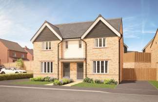 A two-story residential building with a gabled roof, brick and wood siding, and a driveway leading to a parked car in the foreground, set against a clear blue sky.