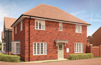 A red brick house with white-framed windows and a light green door stands in the foreground, while other houses and a brick wall are visible in the background under a blue sky.