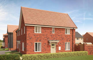 A modern red brick house with a manicured hedge in the foreground stands against a backdrop of similar houses and a clear blue sky.