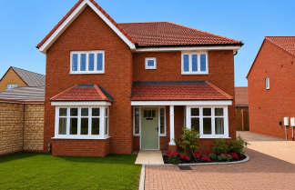 A red brick house with white-framed windows and a light green door stands on a paved driveway, with a manicured lawn and flowerbeds in the foreground, against a clear blue sky and neighboring brick houses in the background.
