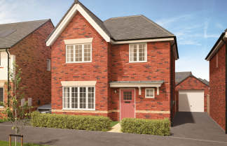 A red brick house with a pink door and manicured hedges in the foreground is set against a backdrop of similar houses and a bright sky.