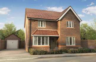 A two-story brick house with a tiled roof, surrounded by a well-maintained garden and a driveway leading to a garage in the background.