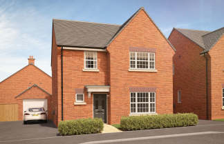 A modern brick house with a driveway and garage sits in front of a clear blue sky.