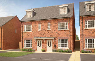 A pair of red brick semi-detached houses with dormer windows and white doors stand in the foreground, while a clear blue sky with a few clouds forms the background.