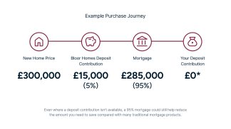 A diagram illustrates an example purchase journey with icons representing "New Home Price," "Bloor Homes Deposit Contribution," "Mortgage," and "Your Deposit," set against a white background with explanatory text below.