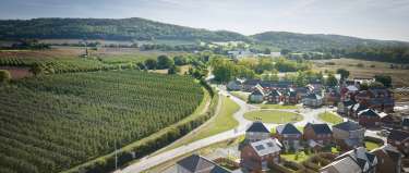 A newly developed housing estate is situated next to a vast orchard, with rolling green hills in the background under a clear sky.
