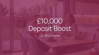 A modern kitchen with a dining table in the foreground is overlaid with text announcing a "£10,000 Deposit Boost" against a backdrop of a garden visible through a large window.