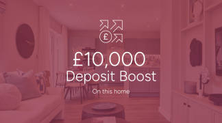 A modern living room and kitchen are shown with a graphic overlay advertising a "£10,000 Deposit Boost."