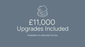 The image displays a graphic icon representing home upgrades, accompanied by the text "£11,000 Upgrades Included" and "Available on selected homes" against a gray background.