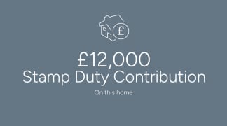 The image displays a £12,000 Stamp Duty Contribution amount on a gray background, with a house-shaped icon in the top left corner.
