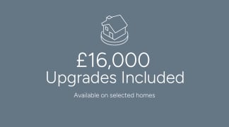 The image displays a graphic icon representing upgrades, along with the text "£16,000 Upgrades Included" and "Available on selected homes" against a gray background.