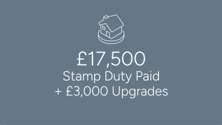 A white line drawing of a house sits above the text "£17,500 Stamp Duty Paid + £3,000 Upgrades" on a muted blue background.