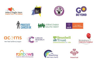 The image contains a collection of various logos and emblems representing different charitable organizations and causes, including children's hospices, cancer research, and other health-related initiatives.