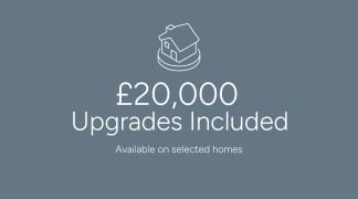 The image displays a graphic icon representing a house or building, along with the text "£20,000 Upgrades Included" and "Available on selected homes" against a gray background.