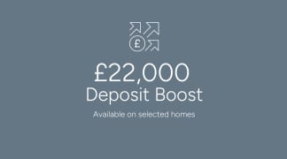 The image displays a £22,000 Deposit Boost offer available on selected homes, presented against a plain gray background.
