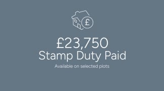 A house icon with a pound symbol is in the foreground, above the text "£23,750 Stamp Duty Paid" and "Available on selected plots," all set against a plain, dark gray background.