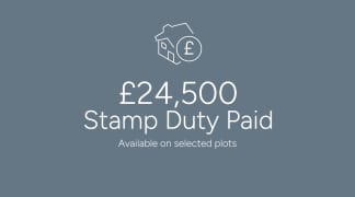 The image displays a house-shaped icon with a pound sign inside, along with the text "£24,500 Stamp Duty Paid" and "Available on selected plots" against a gray background.