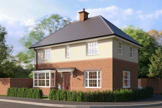 A two-story brick house with a slanted roof, surrounded by a well-manicured lawn and hedges, set against a backdrop of lush greenery and a cloudy sky.