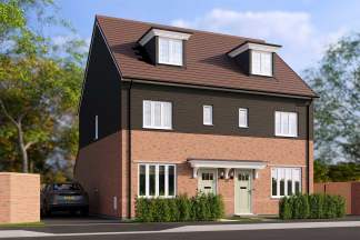 A two-story brick and wood-paneled house with a slanted roof and dormers, surrounded by trees and a car parked in the driveway.