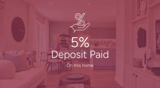 A modern living room and kitchen are visible in the background, with a couch and coffee table in the foreground, overlaid with text indicating "5% Deposit Paid."