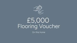 A white line drawing of hands exchanging money hovers above large text reading "£5,000 Flooring Voucher" on a solid gray background.