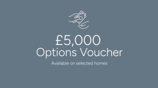 The image displays a £5,000 Options Voucher available on selected homes, with a stylized icon in the top left corner.