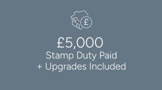 The image displays a house icon with a pound sign, indicating £5,000 in stamp duty paid, along with the text "Stamp Duty Paid + Upgrades Included" against a gray background.